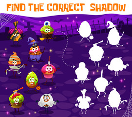 Cartoon Halloween candy characters on cemetery. Find the correct shadow game or puzzle vector worksheet, kids education riddle quiz with trick or treat sweet food silhouettes, witch and ghost cupcakes