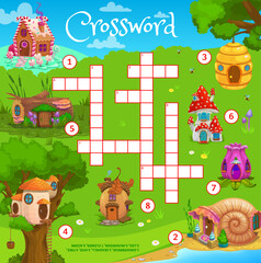 Cartoon fairytale houses, crossword grid worksheet, find a word quiz game. Vector search puzzle with caramel, beehive, nest, wood log, acorn, mushroom, flower and snail shell fantasy dwellings test