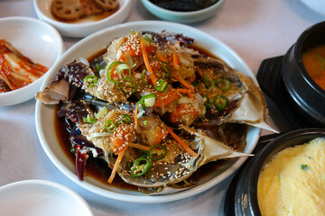 Korean traditional food eaten with fresh live crab seasoned with soy sauce © hyungmin