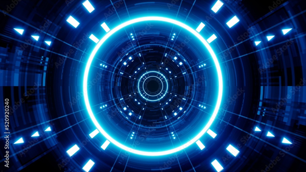 Poster glowing blue color tunnel lights