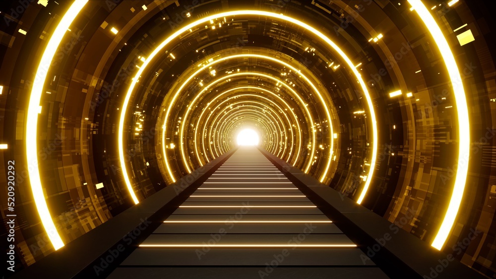 Wall mural gold sci fi tunnel road 3d rendering