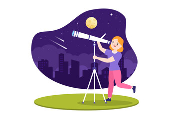 Astronomy Cartoon Illustration with People Watching Night Starry Sky, Galaxy and Planets in Outer Space Through Telescope in Flat Hand Drawn Style