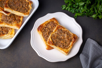 Traditional delicious Turkish foods; Kaytaz pastry with minced meat of Turkey Hatay - Antakya region (Turkish name; Kaytaz boregi)