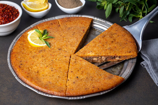 Traditional food of Antakya - Turkey, oruk in the tray. (Turkish name; Tepside icli kofte, tepside oruk, tepsi orugu, sini kofte) Hatay Oruk food.