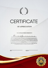 Award certificate of appreciation. Diploma template with vector elegant border line, gold badge, heraldic laurel wreath and star. Modern award, honor gift or winner diploma for business or education - obrazy, fototapety, plakaty