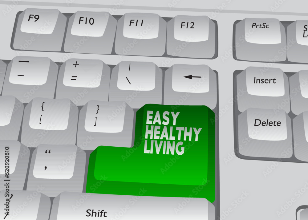 Poster computer keyboard with easy healthy living text. close-up of an electronic computer device part, key
