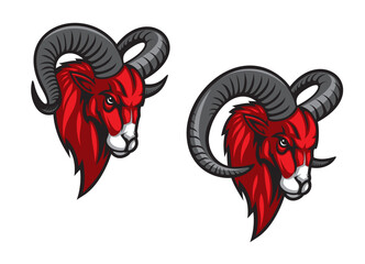 Powerful mountain goat animal mascot, sport team or league club wild animal vector emblem. Mountain goat animal mascot red head with horns for soccer football, basketball or baseball sport team emblem