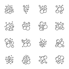 Soap foam bubble icons, soda water fizz or bath shower air, vector oxygen ball. Soap foam bubbles and liquid soapy droplets in thin line, fizzy bubbles for laundry wash or sparkling water drink