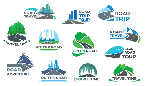 Road travel icons. Road adventure, travel time and highway trip vector symbol, emblem or icon with winding road, pathway or highway, city skyscrapers, mountain peaks and forest trees on horizon