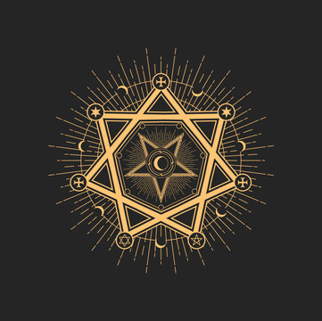 Occult esoteric mason sign, magic talisman with star and moon symbols of occultism. Vector masonic or freemason mystic amulet, alchemy magic sign