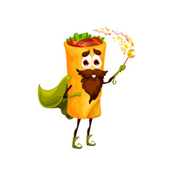 Cartoon funny shawarma mage character. Takeaway meal, street fast food sandwich or burger sorcerer personage with magic wand. Funny shawarma wizard vector mascot character