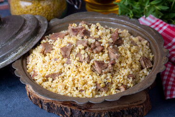 From traditional delicious Turkish cuisine; Bulgur pilaf with meat (Turkish name; etli bulgur pilavi)