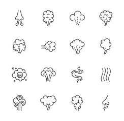 Smell icons, smoke steam and nose smelling odor scent, vapour or vapor, vector line symbols. Bad smell or stinky odour and toxic fume cloud icons with skull, smelly stink gas or smoke steam - obrazy, fototapety, plakaty