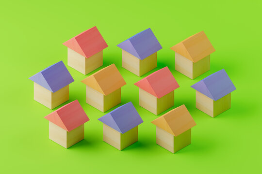 アイソメ図の積木の家, グリーンバック, 3DCGイラスト