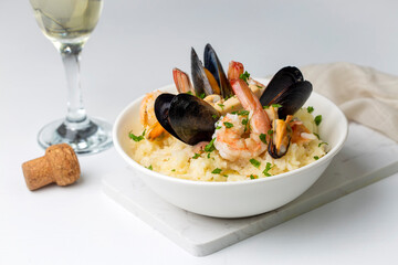 Mediterranean risotto with shrimps, mussels, octopus and clams. Seafood risotto