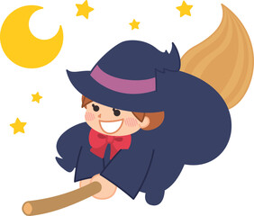 箒で空を飛ぶ魔女の女の子　ハロウィンの衣装
