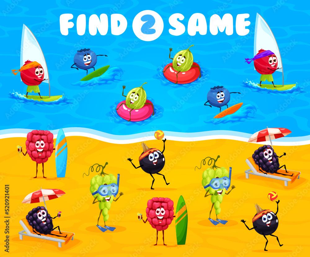 Poster find two same cartoon berry characters on summer beach. kids riddle, similar objects finding quiz ve