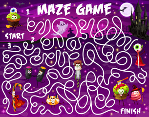 Labyrinth maze game. Cartoon Halloween candy characters vector puzzle with find right way task and start to finish path. Kids education riddle quiz with zombie lollipops, witch and ghost cake