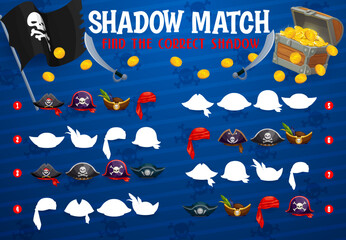 Pirate tricorn, cocked hat and bandana. Find the correct shadow game, educational riddle, children logical quiz, vector puzzle with find shadow task. Kids shadow match game with corsair captain hats