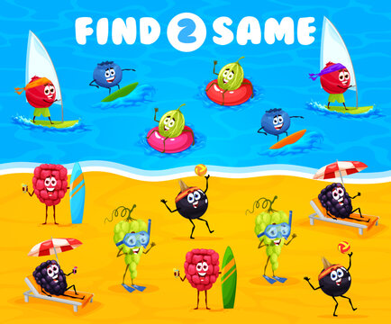 Find Two Same Cartoon Berry Characters On Summer Beach. Kids Riddle, Similar Objects Finding Quiz Vector Worksheet Or Puzzle With Grape, Blackcurrant And Blackberry, Gooseberry, Blueberry And Cowberry