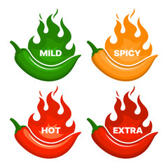 Spicy level of hot chili peppers with fire flames. Vector labels of chili, spice food or sauce, heat scale or rating with red cayenne, green jalapeno and yellow habanero. Mexican menu sticker, label
