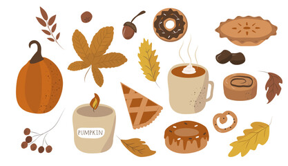 vector illustration in a flat style - a set of isolated items on the theme of autumn cozy- candles, desserts, autumn leaves, pumpkin