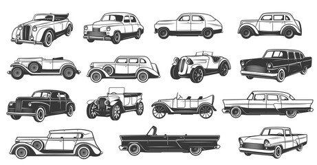 Retro automobiles icons. Vintage limousine and classic sedan, retro sport roadster, convertible coupe and old truck black and white isolated vector. Classic cars and antique cabriolet - obrazy, fototapety, plakaty