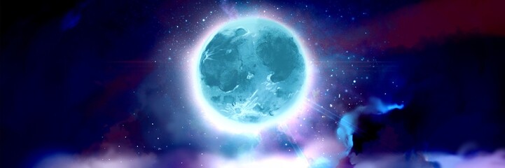 Wide size landscape light blue illustration of an eerie full moon shining brightly in the night sky. 