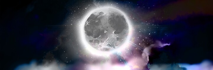 Wide size landscape black and white illustration of an eerie full moon shining brightly in the night sky. 