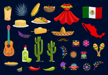 Mexican holiday food, items and national symbols. Mexican tacos, burrito and corn, agave tequila or mezcal drink, guitar and maracas musical instruments, national clothing, flower ethnic ornaments - obrazy, fototapety, plakaty
