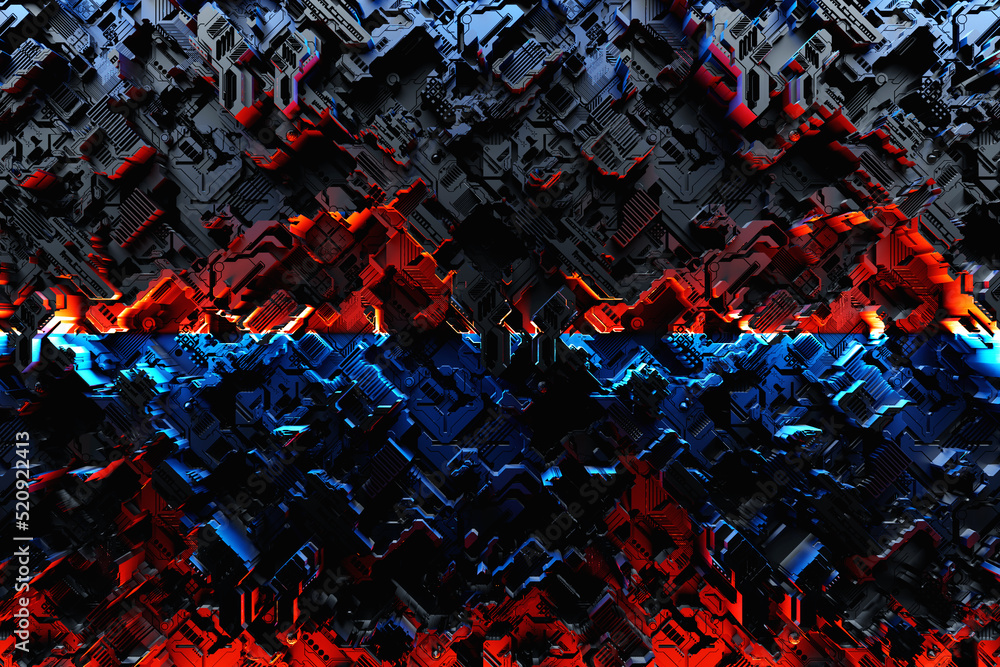 Poster 3d illustration of the close up of the black cyber armor on neon lights. abstract graphics in the st
