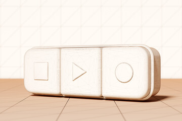 3d illustration of music switch button: start, stop  and record song on  beige isolated background