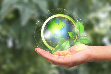 ESG concept. hand for environmental, Sources for renewable, sustainable development. Environment...
