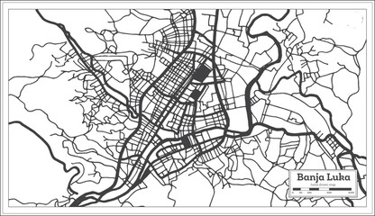 Banja Luka Bosnia and Herzegovina City Map in Black and White Color in Retro Style Isolated on White.