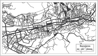 Fototapeta na wymiar Sarajevo Bosnia and Herzegovina City Map in Black and White Color in Retro Style Isolated on White.
