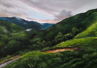 salena mountain. oil painting natural scenery in salena, central sulawesi. landscape in the mountains