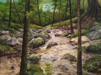 Naklejka na ściany i meble waterfall in the forest. painting a small river in a village