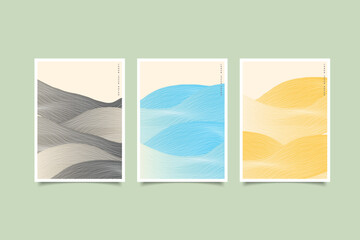 Japanese-style mountains and sea objects in an abstract template with a line wave pattern.