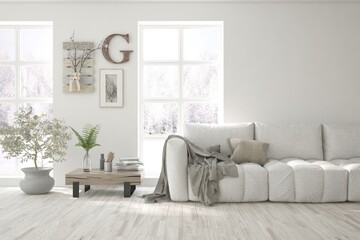 White living room with sofa. Scandinavian interior design. 3D illustration