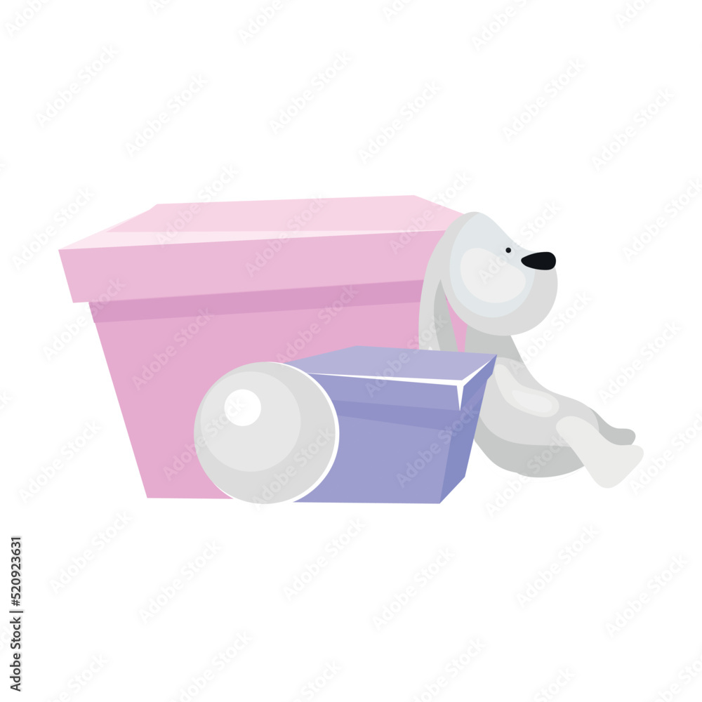Poster crates and toys semi flat color vector object. children accessories. play and fun. full sized item o