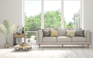 White living room with sofa. Scandinavian interior design. 3D illustration
