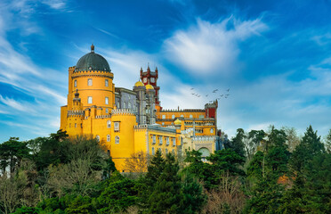 View of Pena Palace on top of Sintra Mountain - Famous Landmark in Lisbon, Portugal, Europe -...