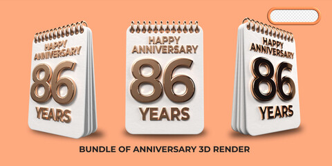 Bundle of 3D render birthday number 86, anniversary gold style age celebrate luxury