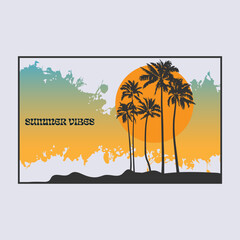 Fototapeta na wymiar Vector landscape of palm trees on a background of abstract sky and sun. EPS 10.