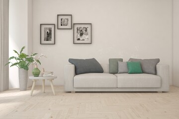 White living room with sofa. Scandinavian interior design. 3D illustration