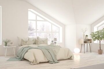 White bedroom interior. Scandinavian design. 3D illustration