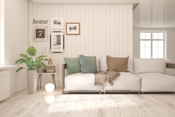 Modern living room in white color with sofa. Scandinavian interior design. 3D illustration