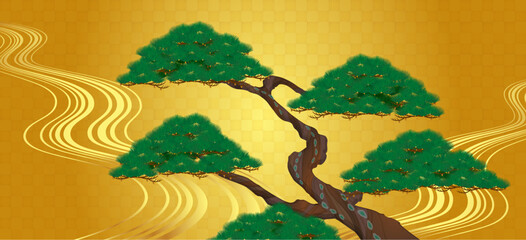 金箔の背景に流水と松の古木の和風イラスト