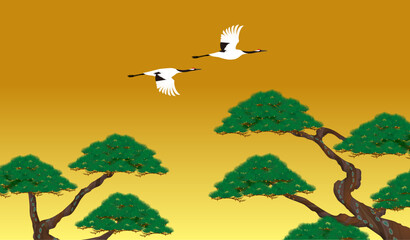 金色の背景に鶴と松の和風イラスト