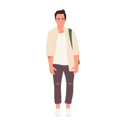 Male student in standing pose. Teenager pupil with school backpack vector illustration
